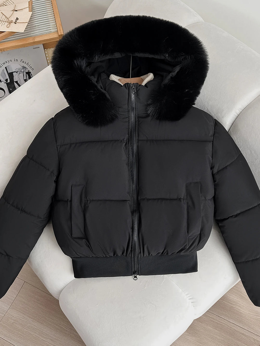 Women's Short Thickened Winter Cotton Jacket Quilted Coat Fur Collar American Retro Style Warm Casual Fashion Regular Fit