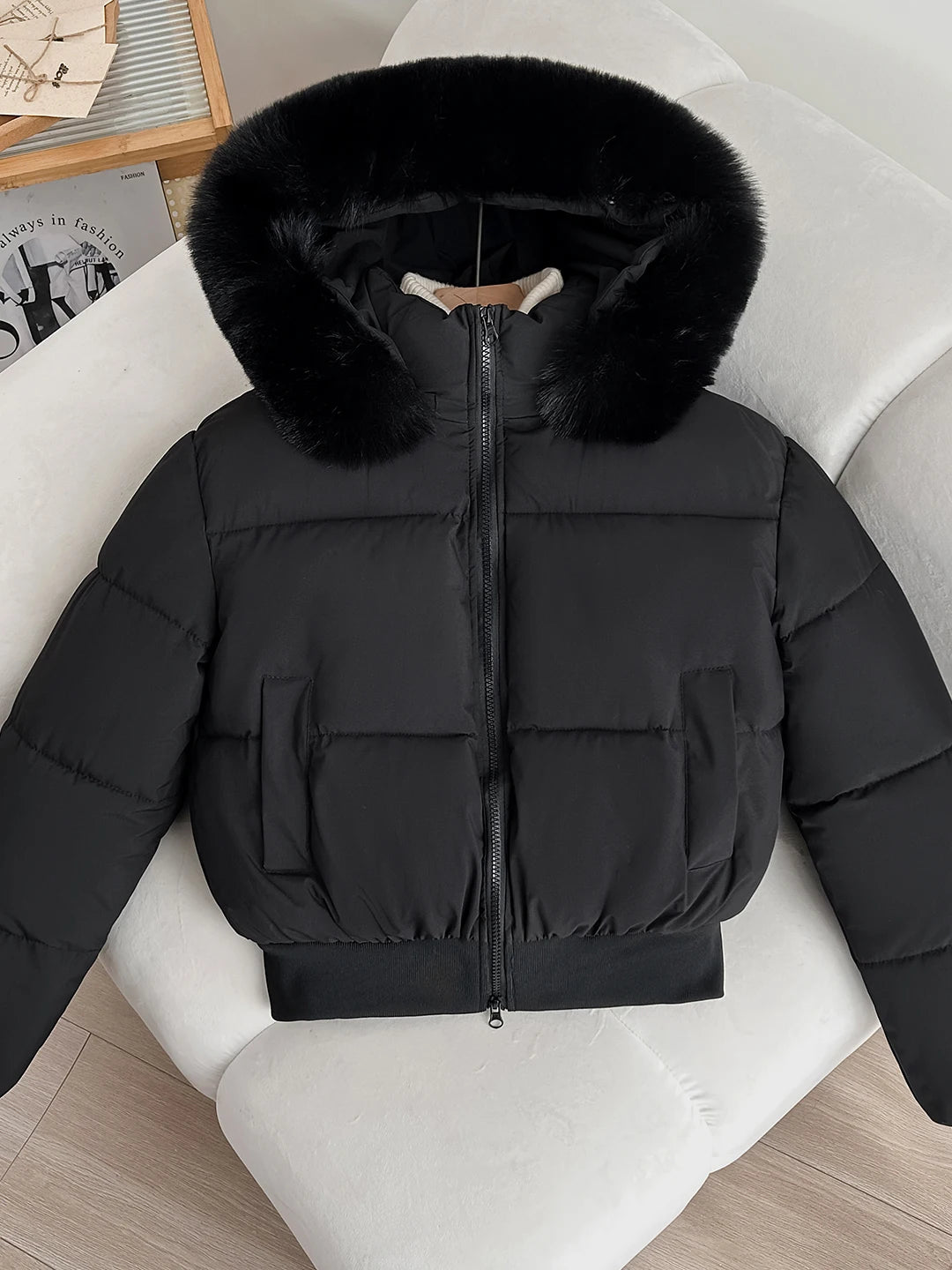 Women's Short Thickened Winter Cotton Jacket Quilted Coat Fur Collar American Retro Style Warm Casual Fashion Regular Fit