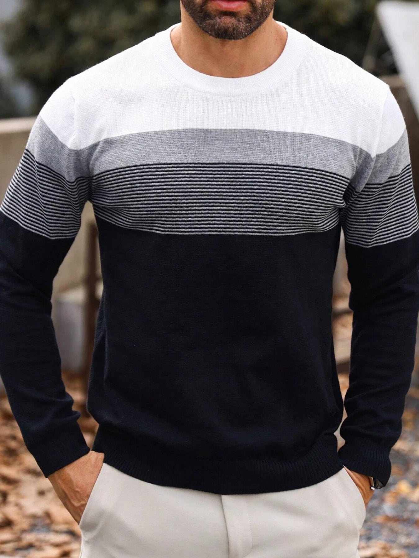 Men Spring Autumn Crew Neck Color Block Horizontal Striped Knit Sweater Long Sleeve Slim Casual Pullover Tops