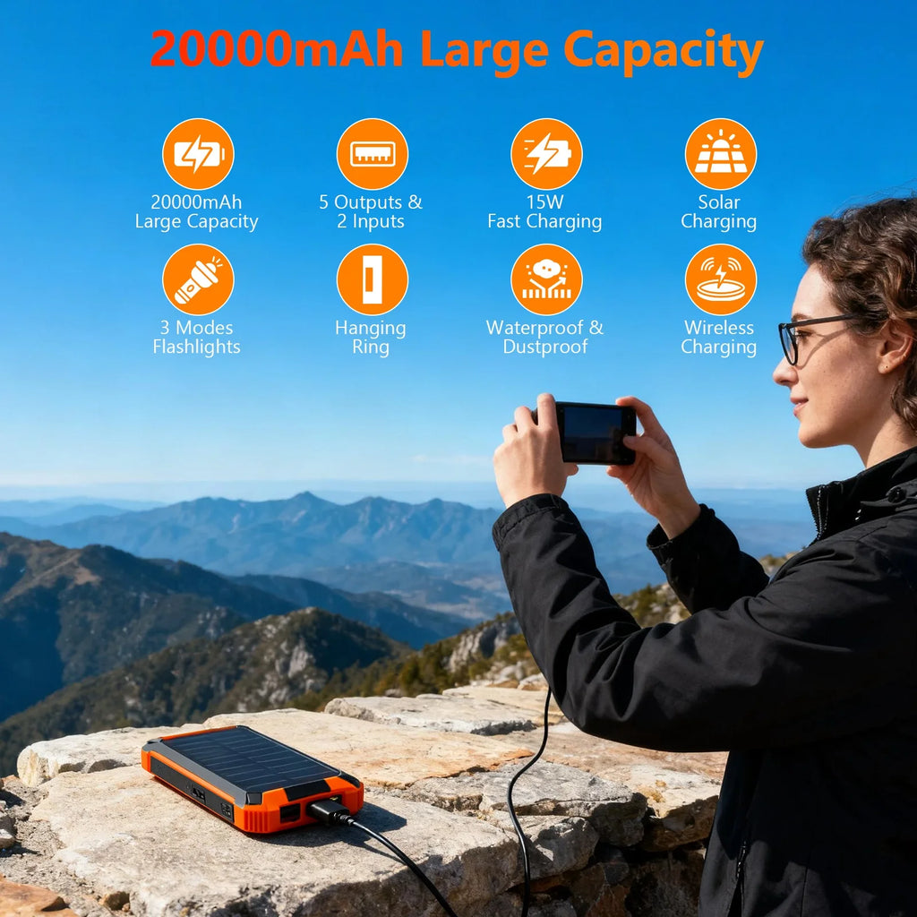 20000mAh Portable Solar Power Bank Dual LED Lights 4 Built-in Cables Fast Charging for iPhone Android Phones AirPods