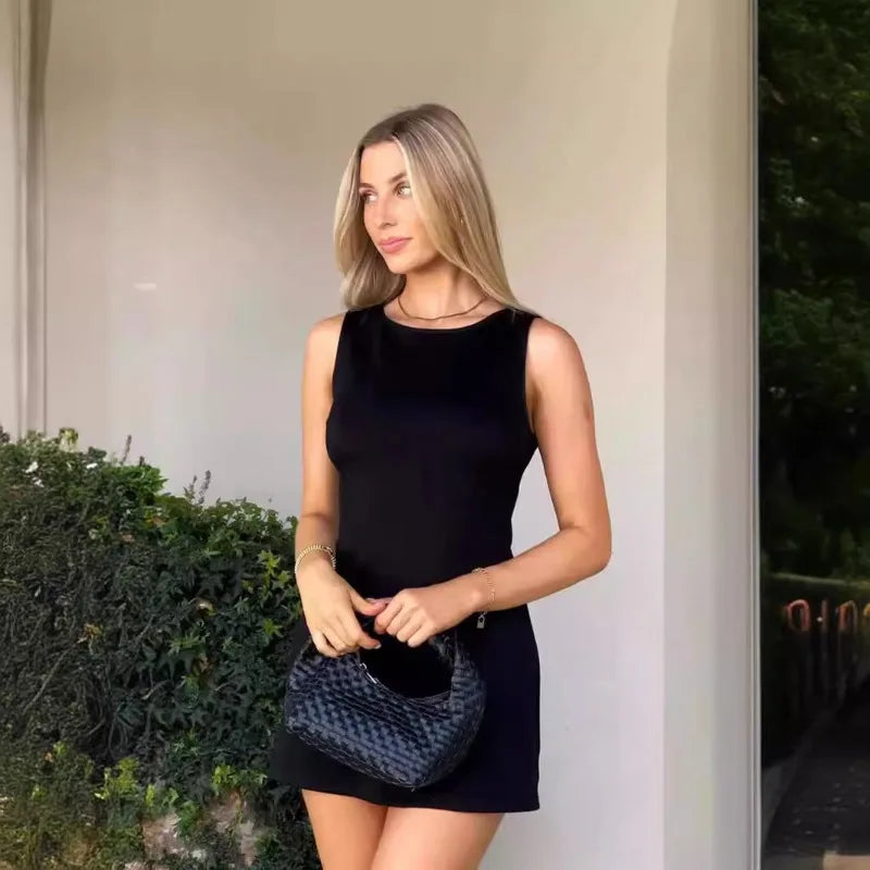 2026 New Women's Casual Bodycon Mini Dress Solid-colour Sleeveless Crew-neck Slip Dress, Party, Date or Dinner Short Skirt