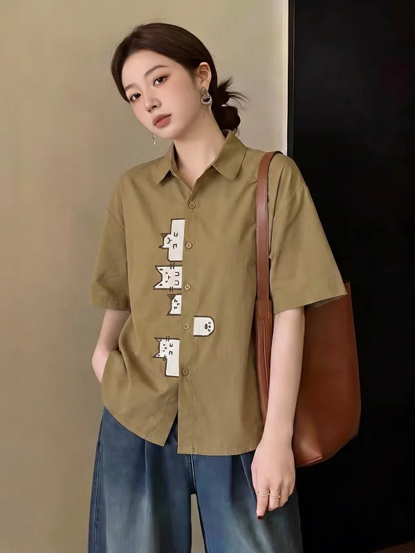 Khaki Short Sleeve Shirt Women's Shoulder Length Cover Belly Summer New Style plus Size Fat MM Age Reduction Top Commute Style