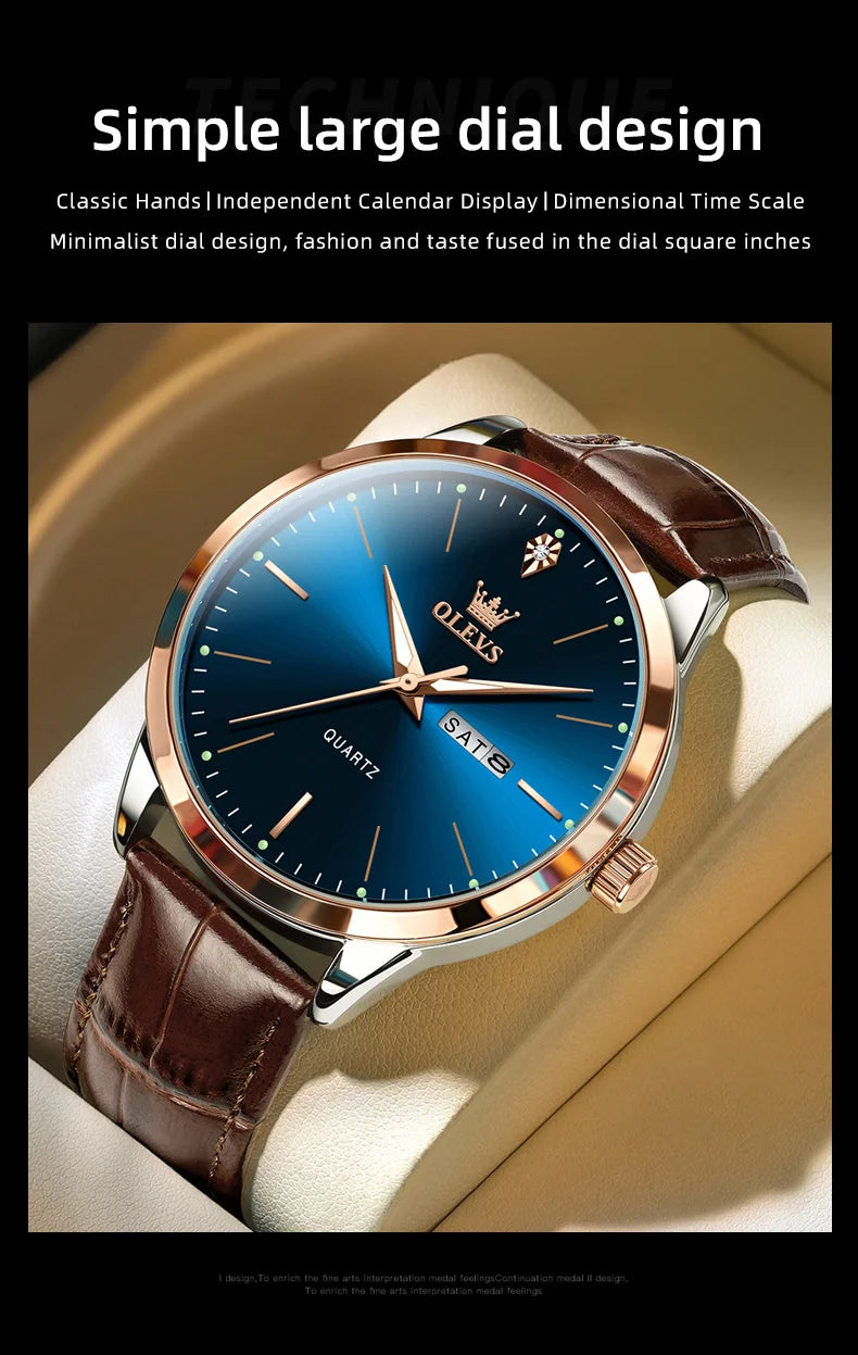 OLEVS 2935 Business Casual Men's Watch Waterproof Leather Strap Luxury Brand Date Week Temperament Trend Quartz Men's Watch