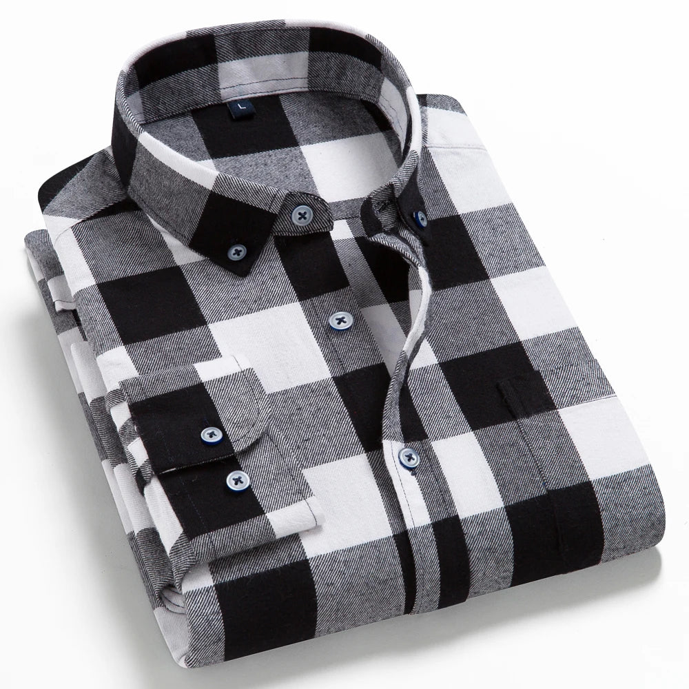 Men's Button Down Collar Contrast Plaid Pure Cotton Flannel Shirt with Left Chest Pocket Slim Fit Comfort Casual Brushed Shirts