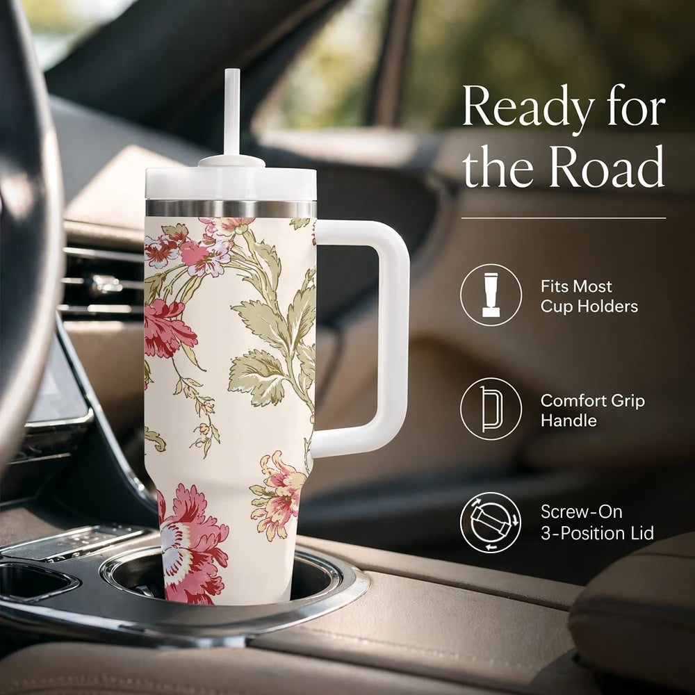Floral Seamless Patterns Vacuum Flasks 40oz Stainless Steel Insulated Tumbler With Handle & Straw Leakproof Travel Mug
