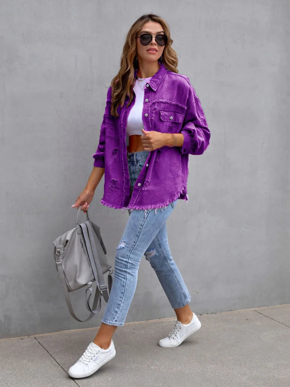 Women's Fashionable Solid Color Mid-Length Ripped Denim Jacket Long-Sleeved Spring Autumn Trend