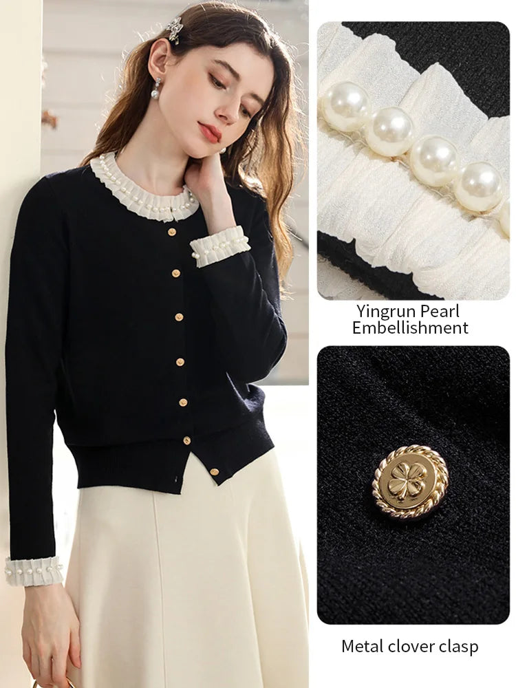 I BELIEVE YOU Women Black Cardigan 2025 Autumn French Beaded Sweater Commuting Round Neck Long-Sleeve Knit Cardigan 2254146099
