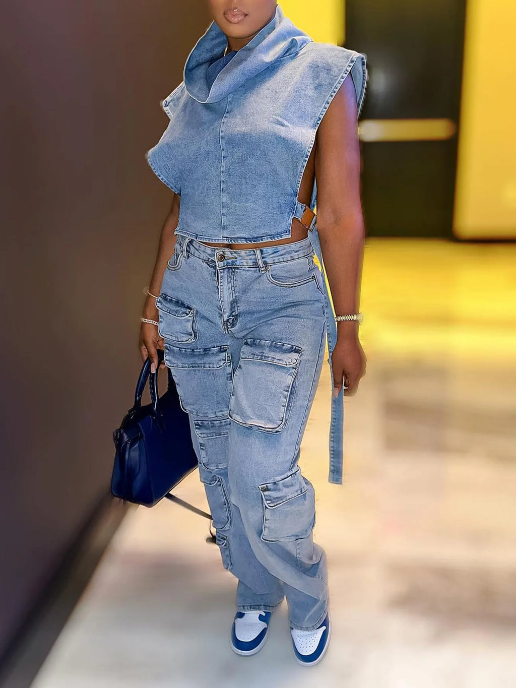 2024 Women's Fashion Streetwear Denim Cargo Pant Fall Y2K Casual Multi-Pocket Loose Straight  Jeans For Women