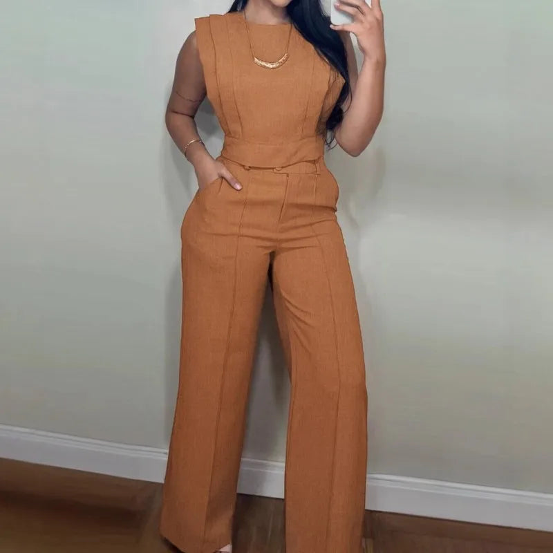 Fashion Solid 2 Piece Set For Women Casual Sleeveless O Neck Short Tops+High Waist Wide Leg Pants Sets High Street Clothes New