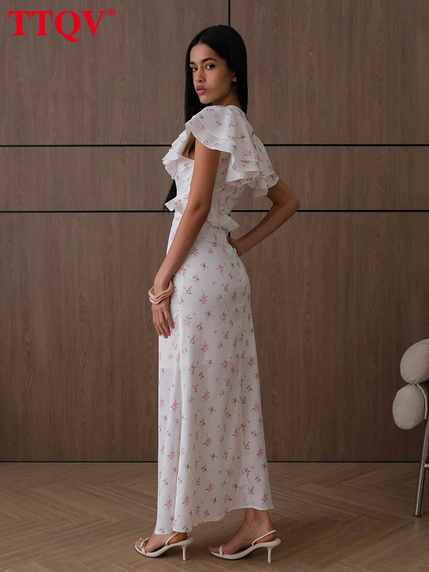 TTQV Sexy Loose Print Women's Dress 2026 Summer V-Neck Short Sleeve Ankle Length Dresses Elegant Classic Ruffles Female Dress