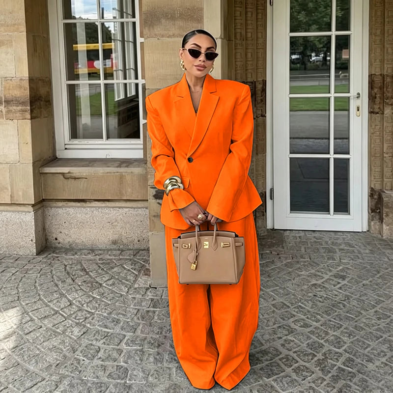 Chic White Wide-leg Pant Single Breasted Women Pants Set New Female Two Pieces(Blazer+Trousers) Conjuntos Femininos Elegantes