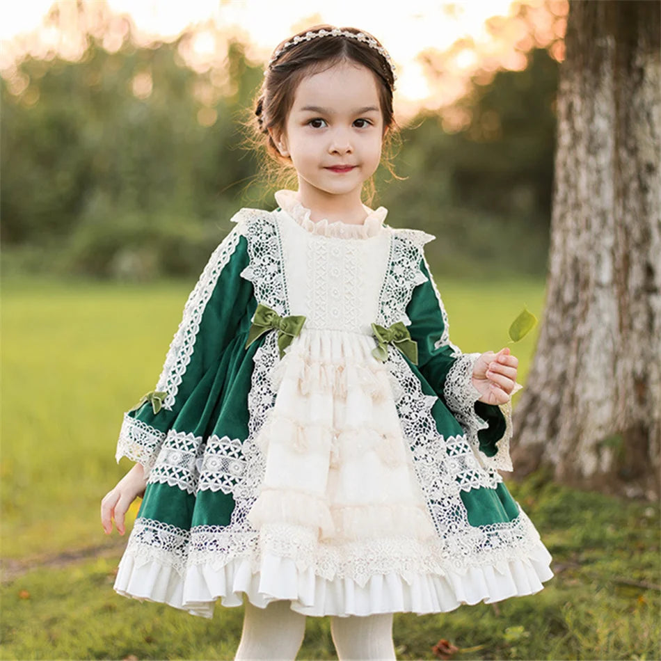 Kids Spring Autumn Lolita Dress Princess Long Sleeves Fancy Luxury Cute Costume Girls Floral Lace Vestido Toddler Birthday Gift