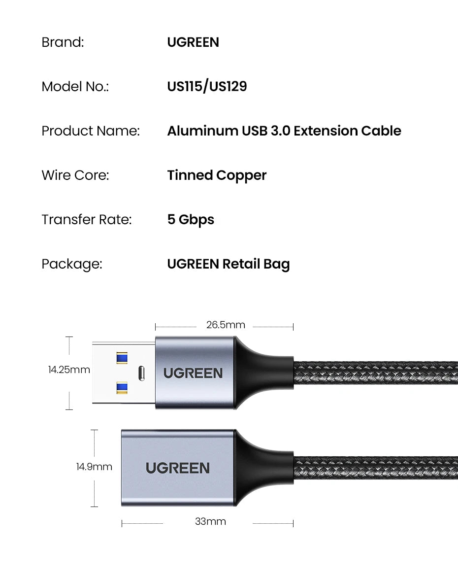 Ugreen USB 3.0 Cable USB Extension Cable Male to Female Data Cable USB3.0 Extender Cord for PC TV USB Extension Cable