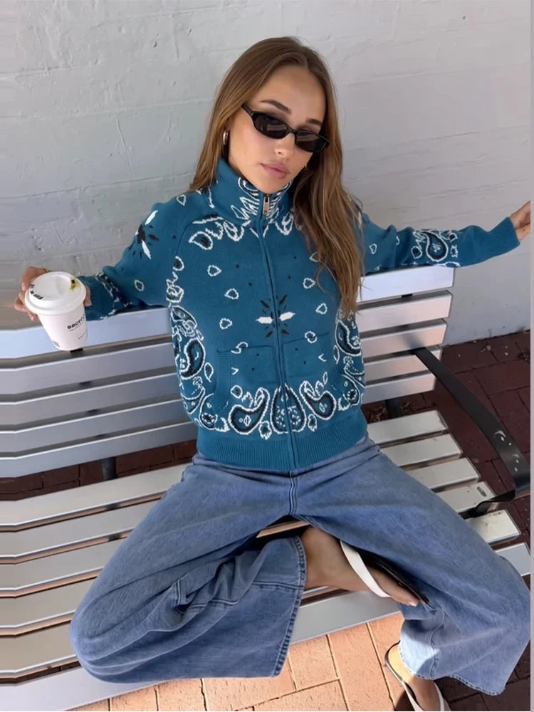Elegant Knitted Print Women's Cardigan Loose Full Sleeve Stand Collar Zipper Sweaters Female 2026 Autumn Outwear Pockets Lady