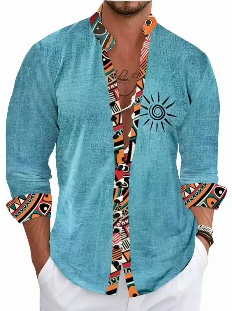 Men's Ethnic Embroidery Long Sleeved Shirt with Red and Black Floral Pattern, Comfortable and Fashionable Linen Long Shirt
