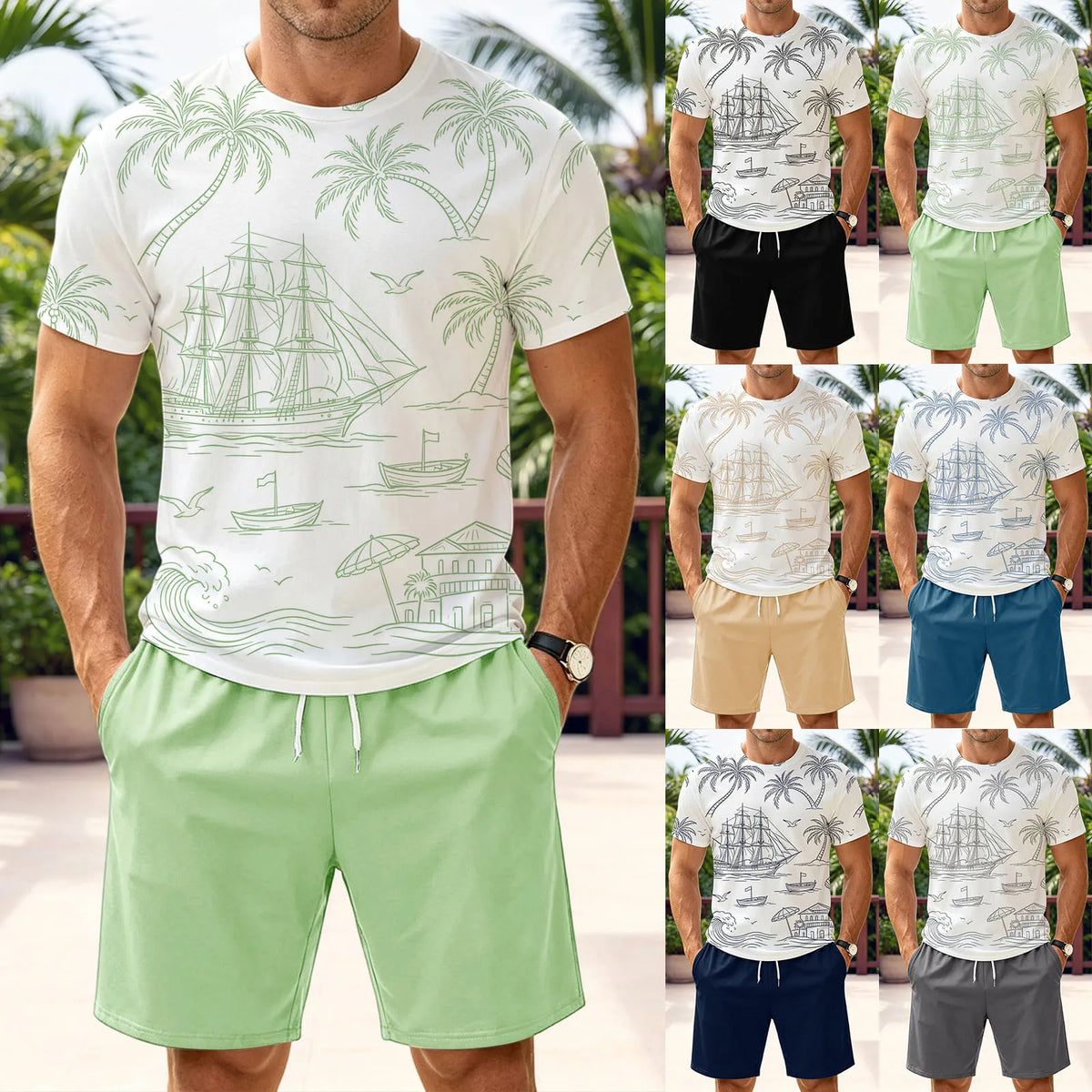 Men's Two Piece Set: Fun Printed Short Sleeved T Shirt And Belt Shorts Stylish And Simple Printed Set Tuxedo Suit Set for Men