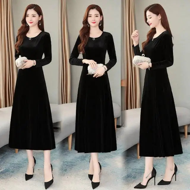 Elegant Long Velvet Dress Women's Autumn Winter New Style Knee-Length A-Line Skirt Polyester Fabric Regular Sleeve round Neck