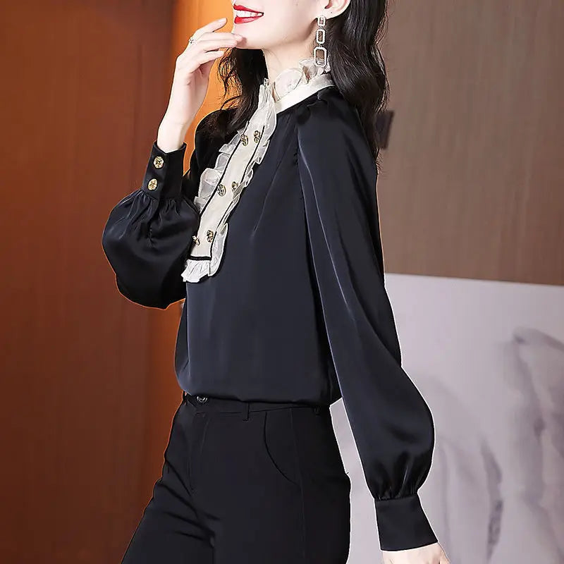 Vintage Office Lady Ruffles Shirring Bright Silk Solid Shirt Spring 2022 Ruffled Neck Long Shirt Sleeve Slim Top Womens Clothing