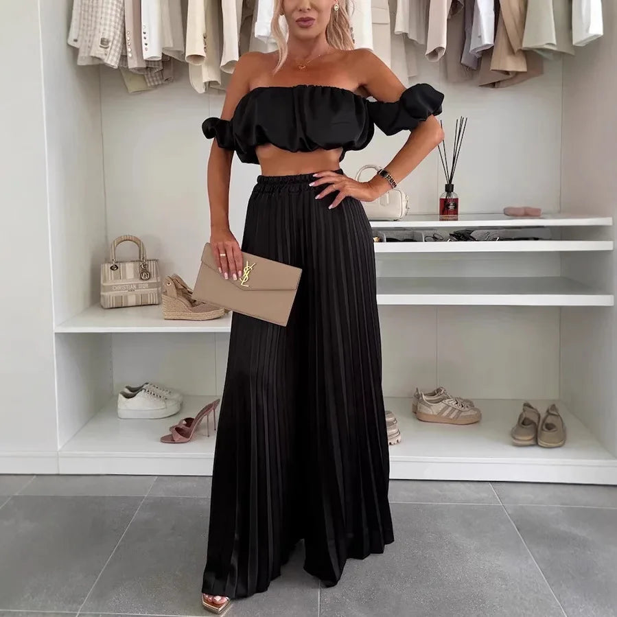 2026 Summer Women Sets Sexy Off-shoulder Sleeveless Short Tops+ Wide Leg Pants 2 Piece Sets Fashion Party Casual Trousers Outfit