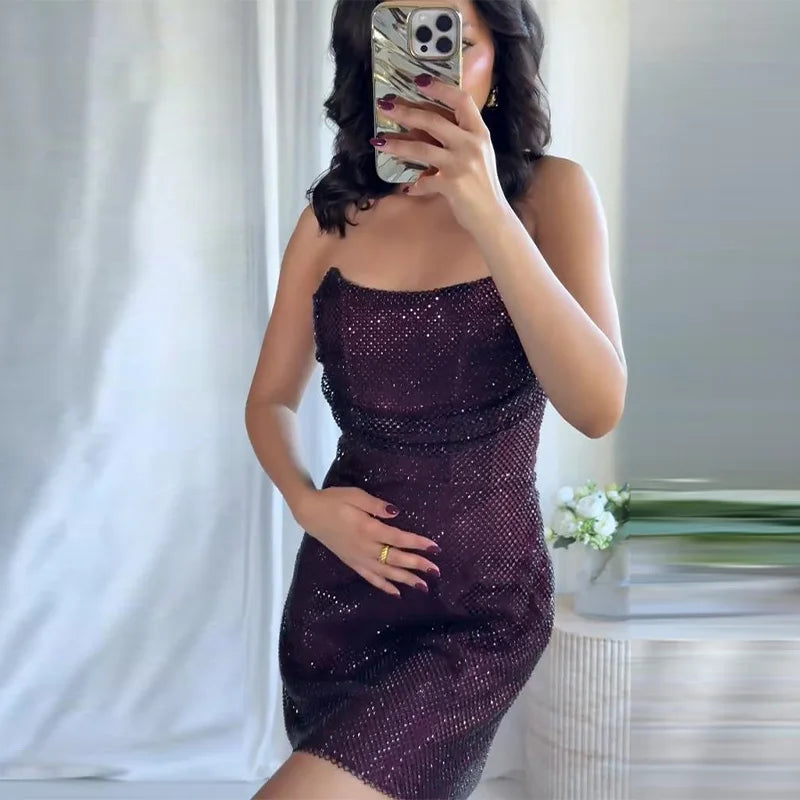 Sexy Diamond Halter Dress Women Shinny Sleeveless Backless V-neck Slim A-line Dresses Female 2026 Spring Summer Party Lady Robes