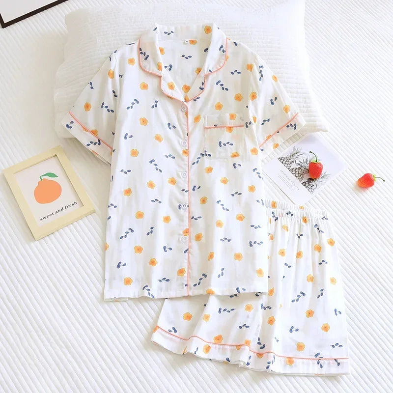 Japanese simple short pyjamas women 100% cotton short sleeves ladies pajama sets shorts Cute cartoon sleepwear women homewear