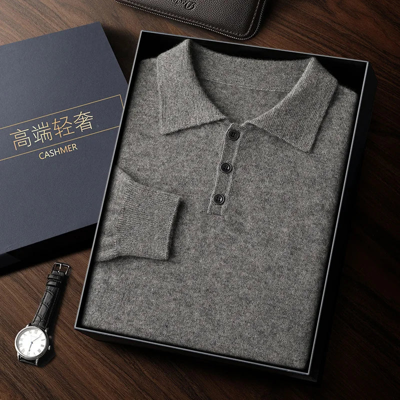 Autumn/Winter Men's 100% Cashmere Pullover Business Casual Solid Knitted Sweater Loose POLO Collar Tops Basic Thick Warm Jumper