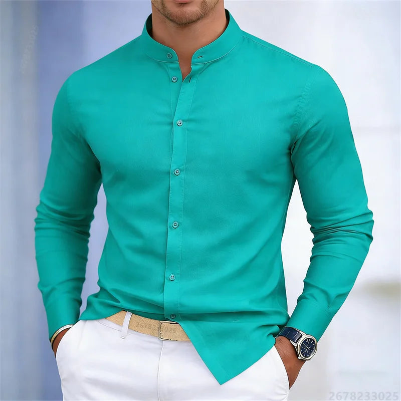 Men's stand-up collar white or black long-sleeved shirt, solid color shirt, slim fit business casual men's top, sizes XS-6XL.