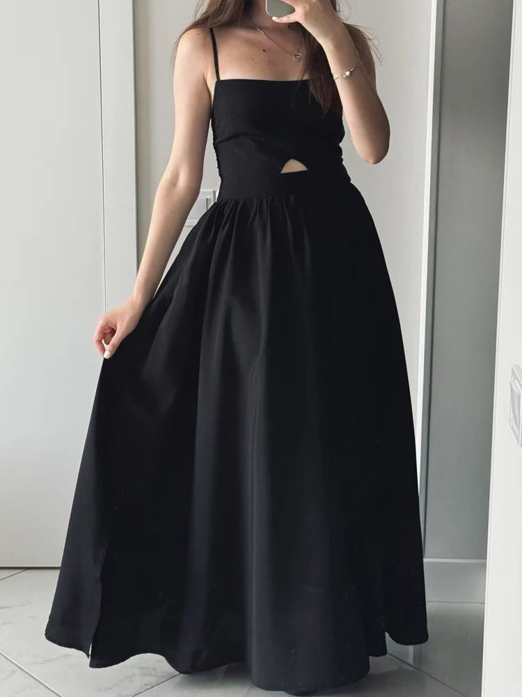 FSMG Fashion Black Breathable Sleeveless Backless Halter Dress Summer Sexy Spaghetti Strap Hollow Out Pockets Side Long Skirt