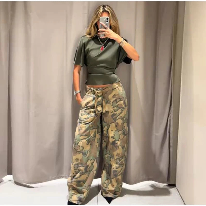 Camo Print Drawstring Waist Women Pants Wide Leg Loose Cut Drawstring Hem Relaxed Fit Casual Trouser Streetwear 2026 New Fashion