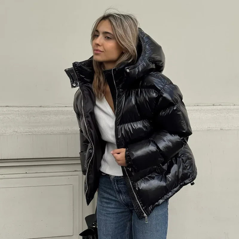 Chic Glossy Zipper Hooded Coat Women's Warm Elastic Waist Pleated Cropped Puffer Jacket 2026 Winter New Lady High Street Outwear