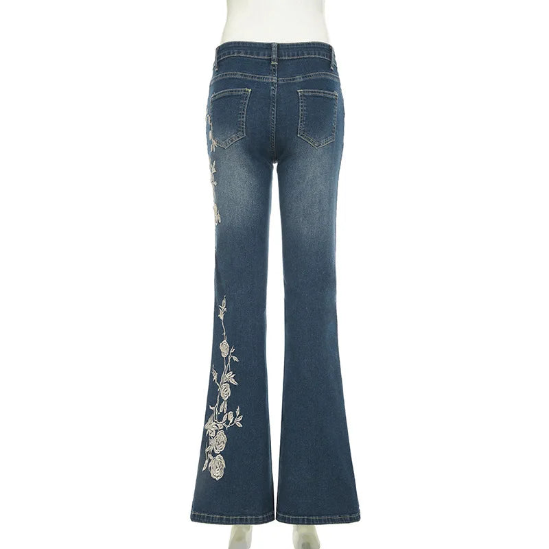2026 Denim Trousers Y2K Flare Pants Jeans Women Embroidery Boot Cut Low Waist Washed Distressed Pockets Floor Length Streetwear