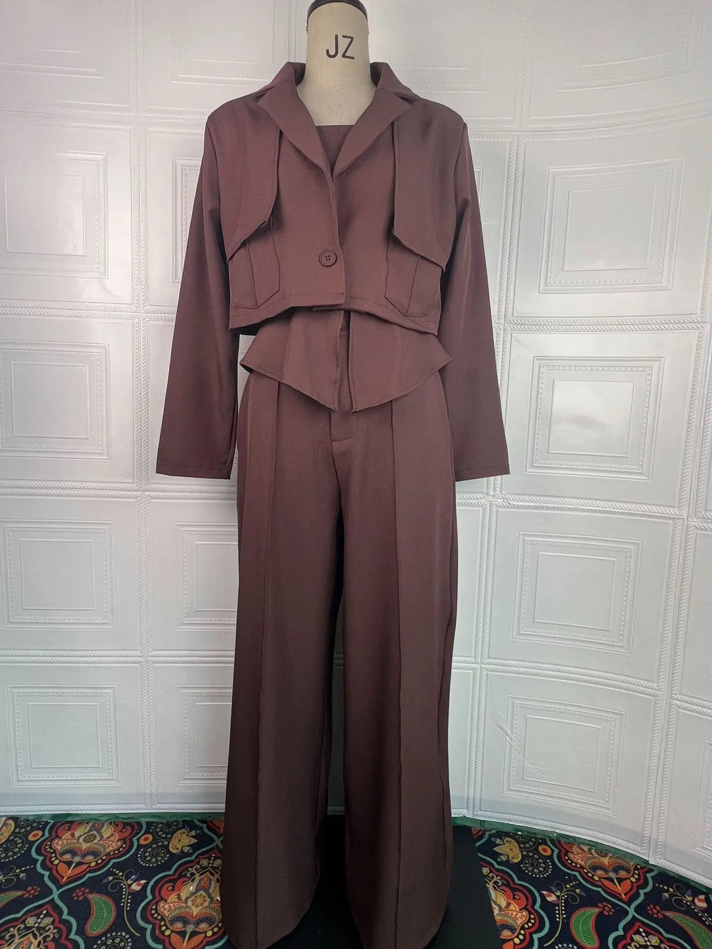 Pant Set Women 3 Piece Sets Lapel Full Sleeve Blazers Plain Sling Top Wide Leg Long Pants Splice Y2k Streetwear Work Summer 2026