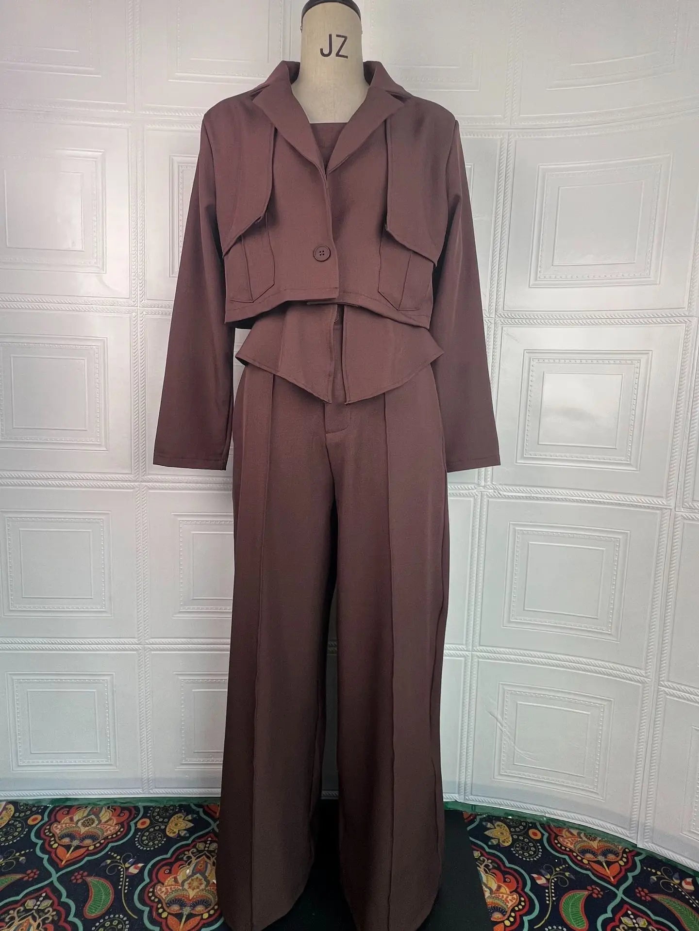 Pant Set Women 3 Piece Sets Lapel Full Sleeve Blazers Plain Sling Top Wide Leg Long Pants Splice Y2k Streetwear Work Summer 2026