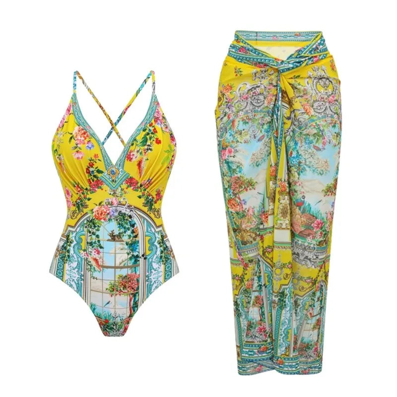 Retro Bikini Printed Fashion Two Piece Swimsuit And Cover Up With Skirt Tight Women's Bandage Summer Beach Luxury Elegant