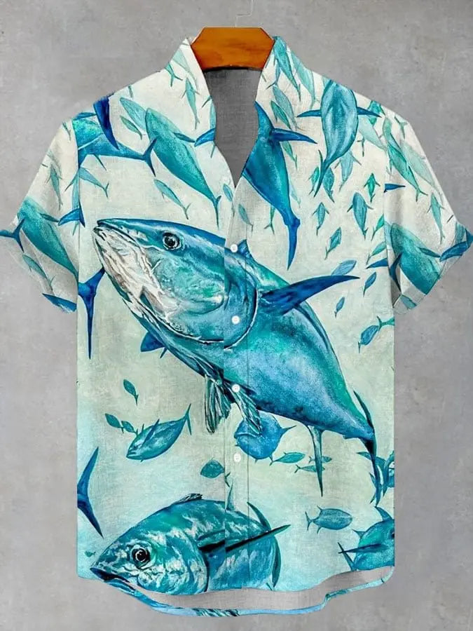Men's Summer Casual Art Fish Pattern Printed Linen Short Sleeved Shirt, Comfortable And Fashionable Button Up Men's Top