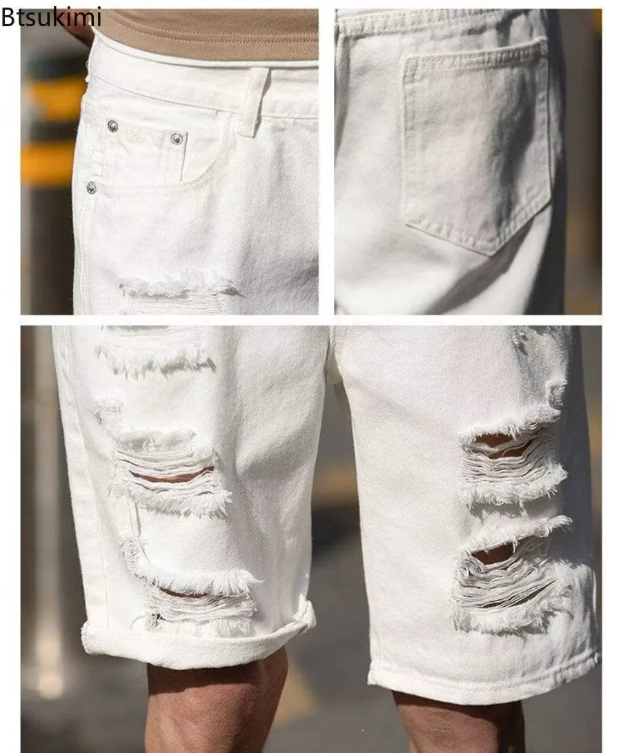 Men's Fashion Denim Shorts Summer Ripped Casual Denim Knee Length Solid Jeans Shorts White Classic Jeans Shorts Y2k Streetwear