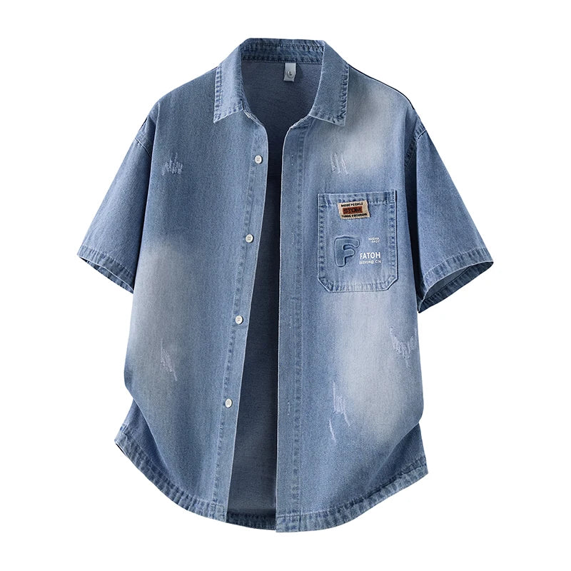 Men's Denim Shirt Summer Fashion Breathable Cotton Blend Short Sleeve Shirt Street Trendy Daily Outing Comfortable Jean Shirt