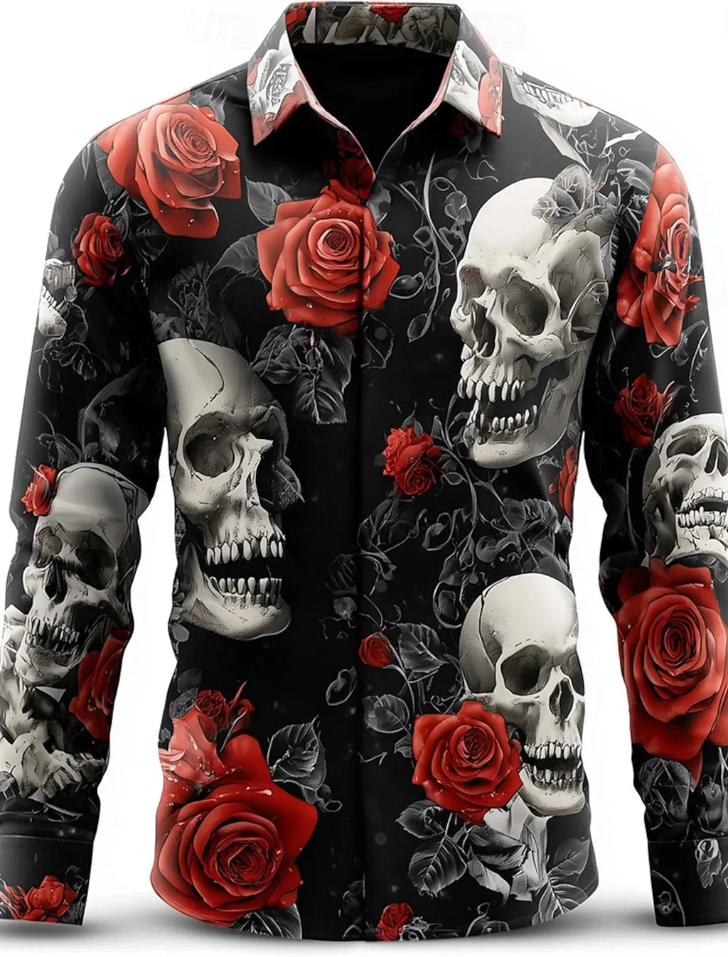 Skeleton Rose Skulls Men's Long Sleeve Shirt Button Up Shirt  Gothic Style Streetwear Turndown 3D Print Shirts Men Clothing
