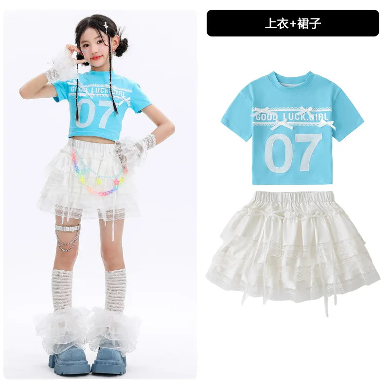 Kid Cute Hip Hop Clothing BLue Crop T Shirt Sleeves White Layered Lace Pleated Mini Skirt for Girls Jazz Dance Costume Clothes