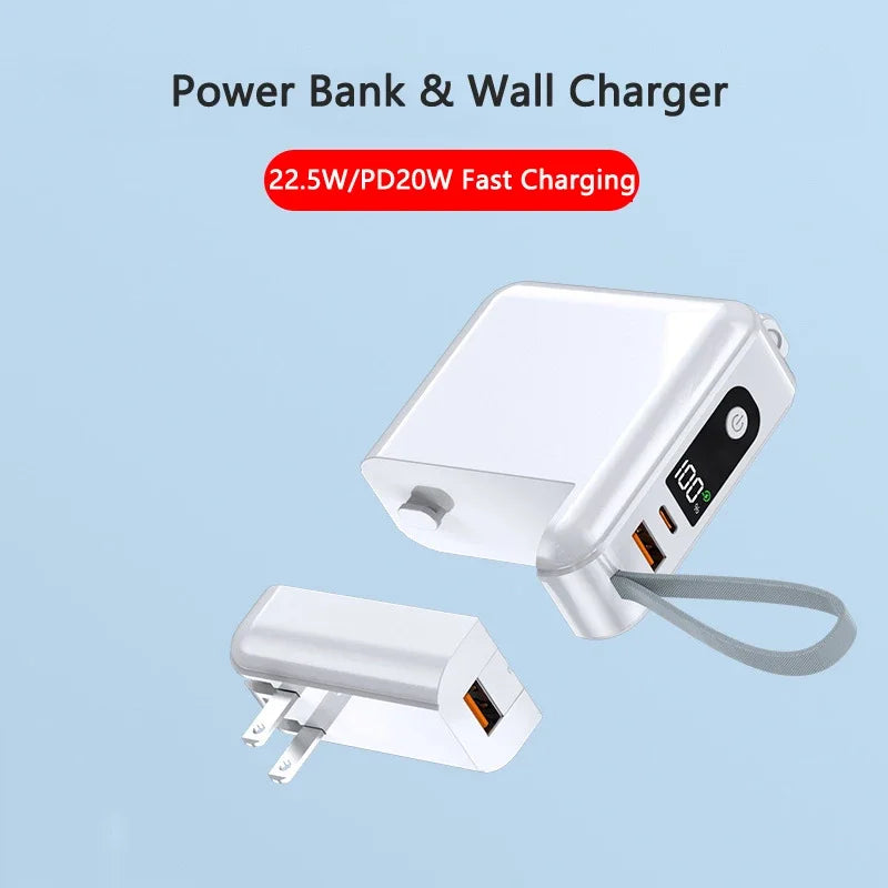 30000mAh Power Bank Built in Cable with AC Plug Wall Charger 22.5W Fast Charging Powerbank for IPhone Xiaomi External Battery