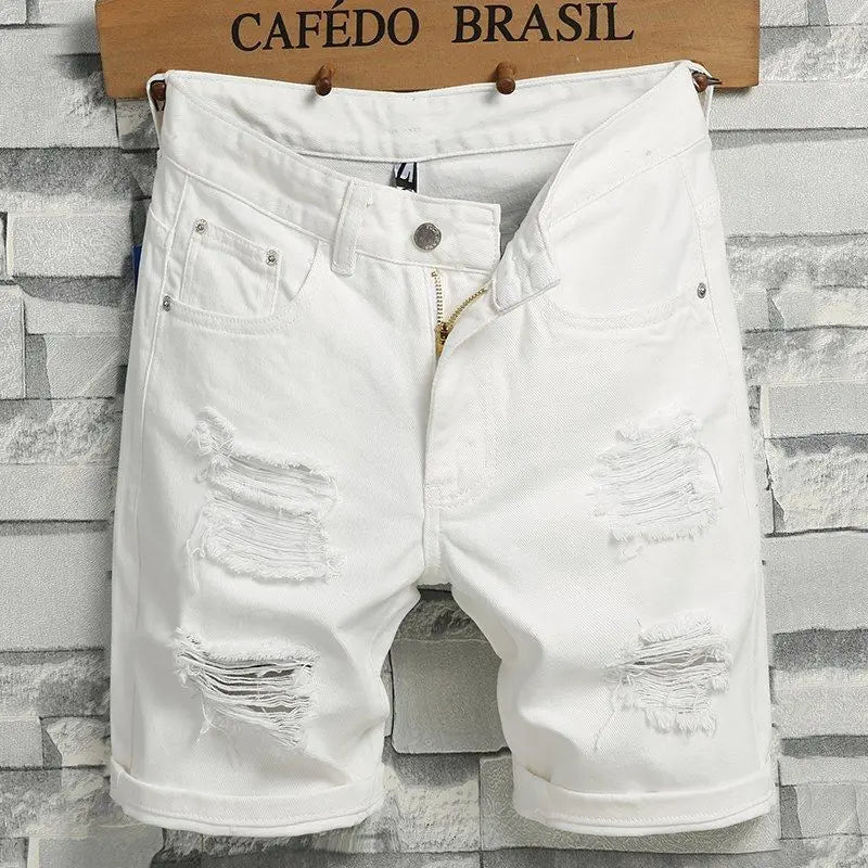 Men's Denim Shorts 2025 Summer Y2k Streetwear Ripped Casual Denim Knee Length Solid Jeans Shorts White New Classic Jeans Shorts