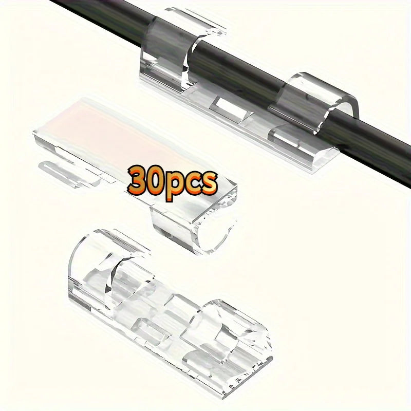 30 Transparent Adhesive Cable Clips, Durable Plastic Wire Organizer, Power Cord Management, Desktop Bottom Wall Fixing