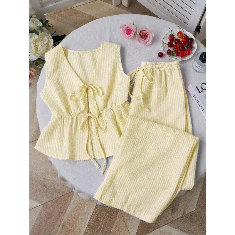 FOTVOTEE 2 Piece Sets Womens Outfits Striped V Neck Lace Up Sleeveless Blouse High Waist Wide Leg Pants Suits Casual Tracksuits