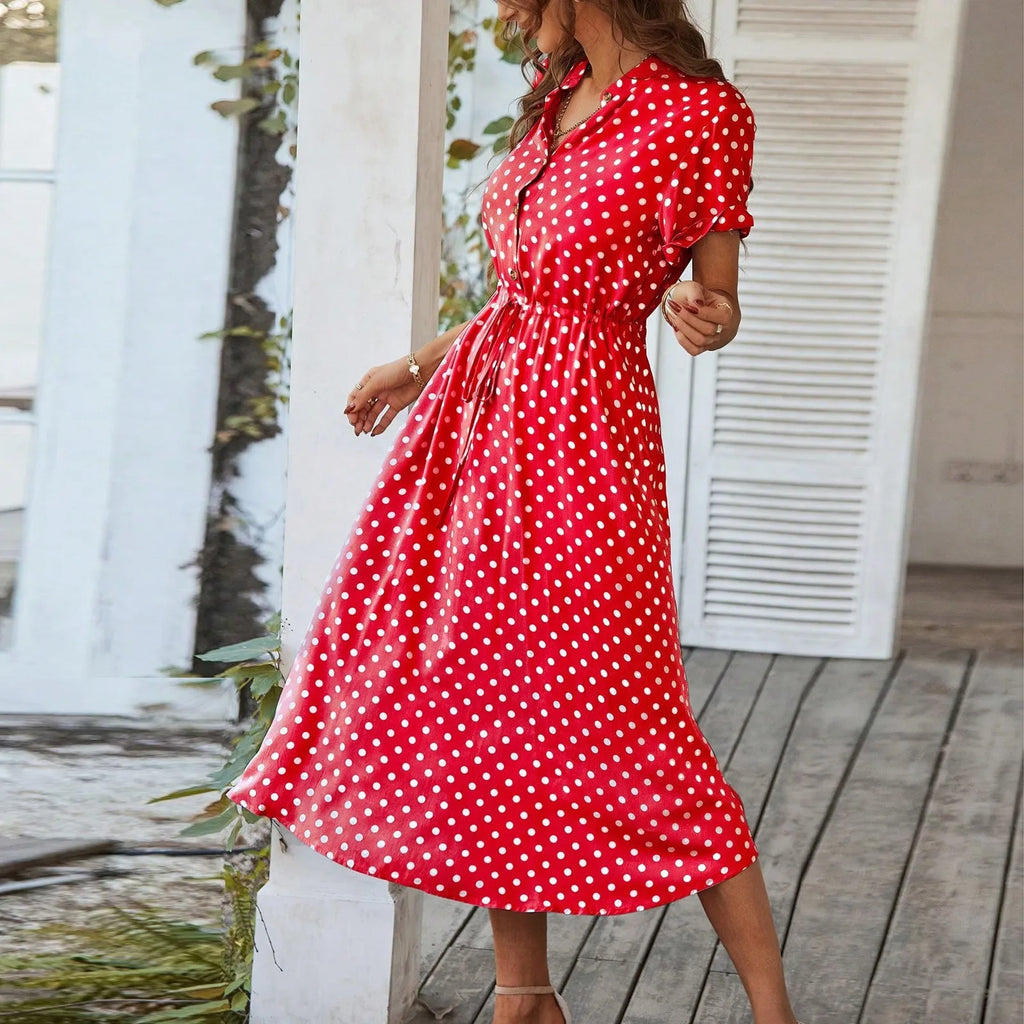 Elegant retro polka dot dress Women's Summer Midi Dress V Neck Single Breasted Short Sleeve Dresses Fashion Print Dress