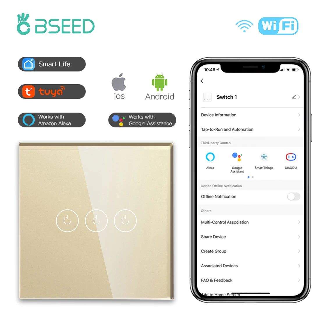BSEED WIFI Touch Switches 1/2/3/4Gang Smart Light Switches Wall Stair Switches Tuya Control Smart Life APP Multi-Control Neutral