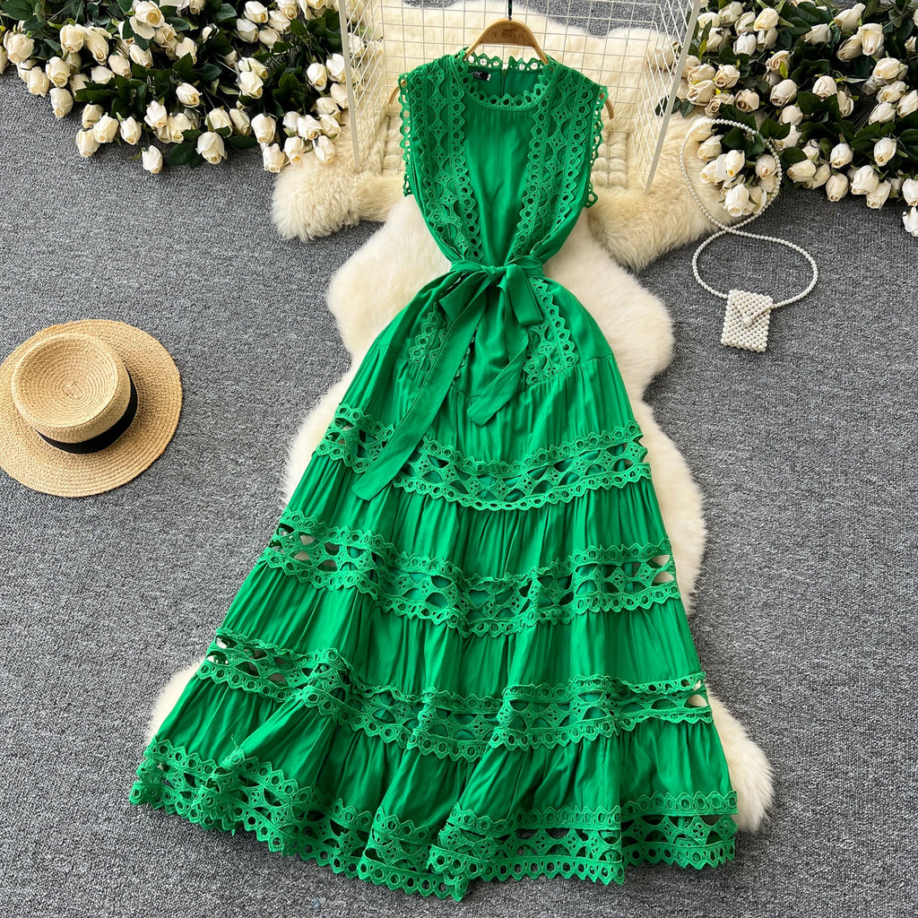 Sexy Hollow Out Embroidery O Neck Sleeveless Bandage Long Dresses Chic Evening Party Summer Vestidos Women Hip Wrap Clothing