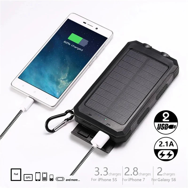 200000mAh Solar Power Bank Waterproof Portable Solar Panel Powerbank External Battery Charger Powerbank with LED Camping Light