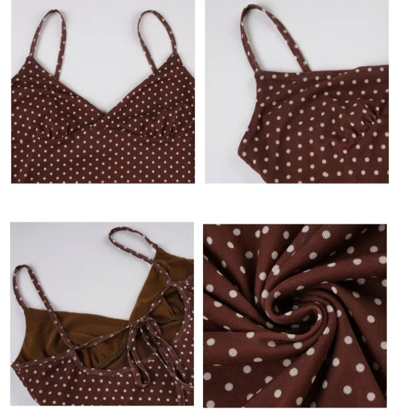 Y2K Polka Dot Mesh Cami Dress Sexy Spaghetti Strap V Neck Backless Tie up Color Block Bodycon Mini Dress for Daily Wear