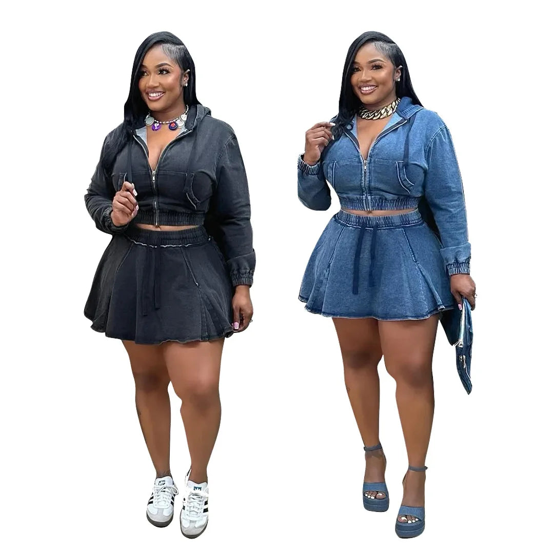 New TS1325 Women's Casual Washed Denim Short Skirt Set Fashionable Autumn Season Leisure Style Unisex Work Uniform Student Sc...