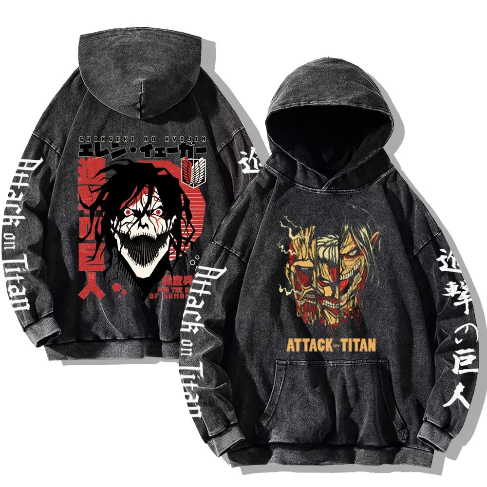 Vintage Washed Men's Hoodies Shield Print Hooded Sweatshirt Hip Hop Streetwear Y2K Hooded Pullover Y2K Loose Casual Tops